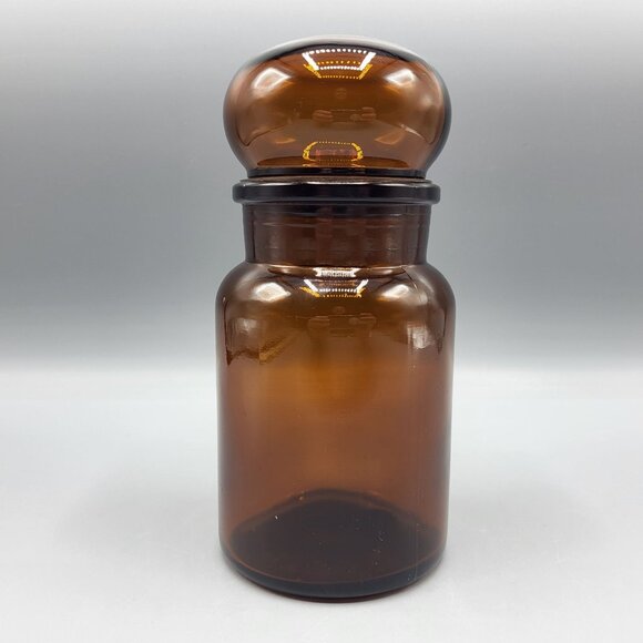 Vintage Amber Brown Glass Apothecary Jar With Bubble Lid Made In Belgium - Picture 1 of 11